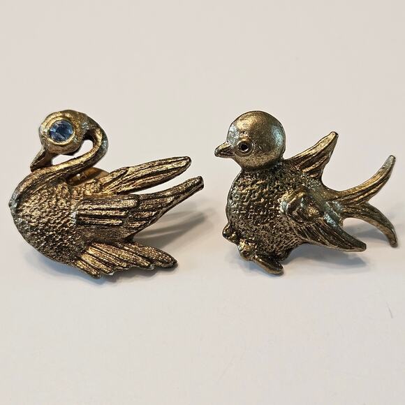 Vintage Bird Pair: Gold Toned Swan with Green Eye and Pheasant in Flight - Picture 9 of 16